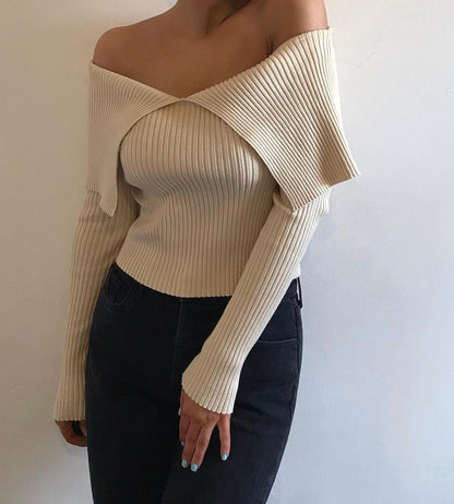 Women’s Off Shoulder Knitted Crop Top | Large Lapel | Chic | Casual