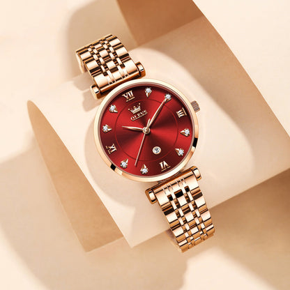 Women’s Red Dial Calendar Quartz Watch | Steel Band | Business | Waterproof