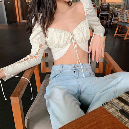 Women’s Square Collar Crop Blouse Top | Bubble Sleeves | Vintage | Chic
