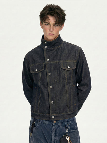 Men’s Stand Collar Denim Jacket Outerwear | Dark Indigo | Casual | Streetwear
