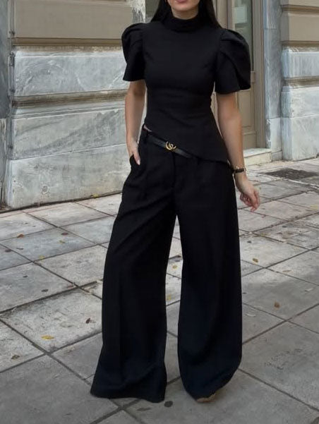 Women’s Turtleneck Puff Sleeve Top And Wide Leg Pants Bottoms Set | Black | Elegant | Chic