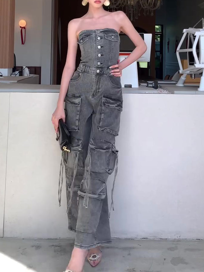 Women’s Denim Tube Jumpsuit | Strapless | Single Breasted | Chic