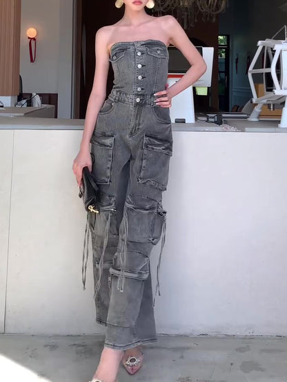 Women’s Denim Tube Jumpsuit | Strapless | Single Breasted | Chic