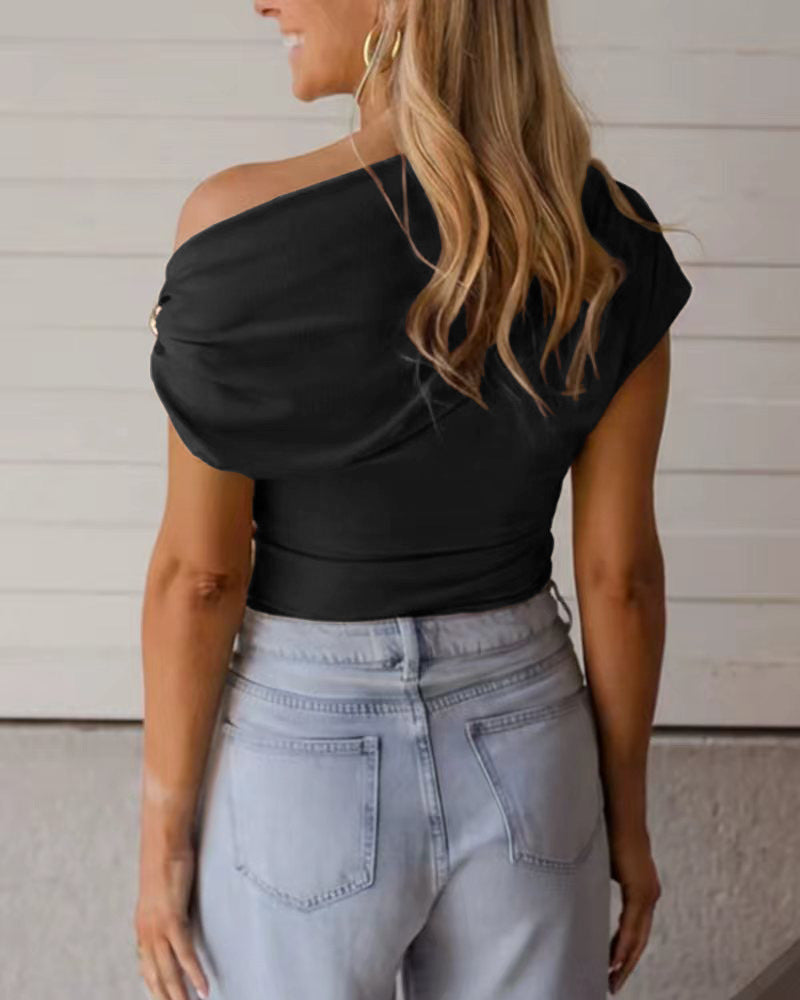 Women’s Ribbed Short Sleeve T Shirt Top | Metallic Detail | Casual | Chic