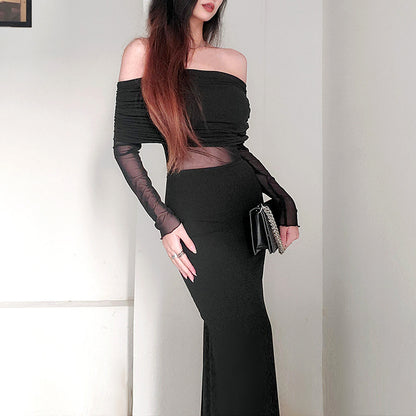Women’s Off Shoulder Pleated Long Sleeve Maxi Dress | Winter | Elegant | Party