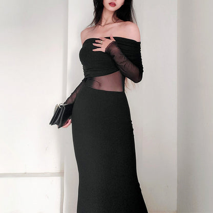 Women’s Off Shoulder Pleated Long Sleeve Maxi Dress | Winter | Elegant | Party