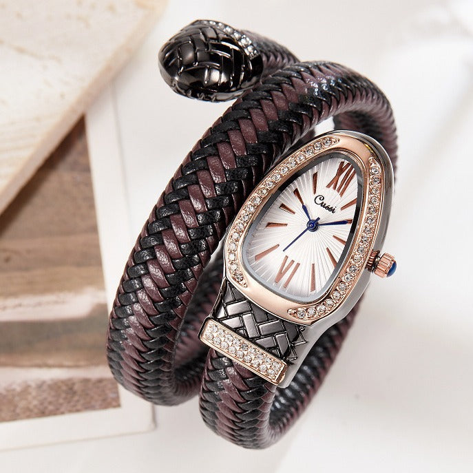 Women’s Snake Style Quartz Watch | Diamond Look | Leather Strap | Fashion