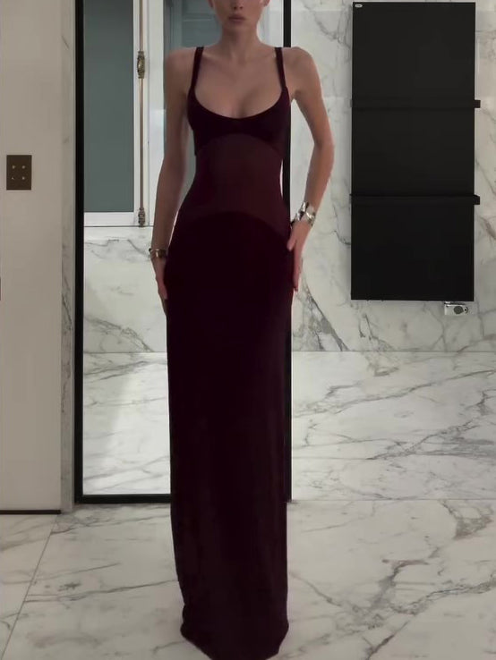 Women’s Mesh Patchwork Suspender Maxi Dress | Burgundy | Elegant | Party