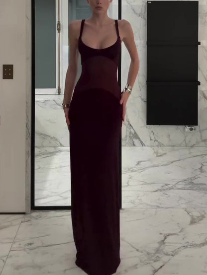 Women’s Mesh Patchwork Suspender Maxi Dress | Burgundy | Elegant | Party