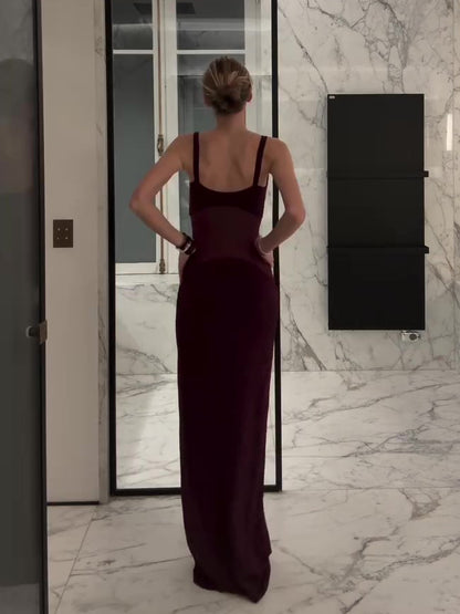Women’s Mesh Patchwork Suspender Maxi Dress | Burgundy | Elegant | Party