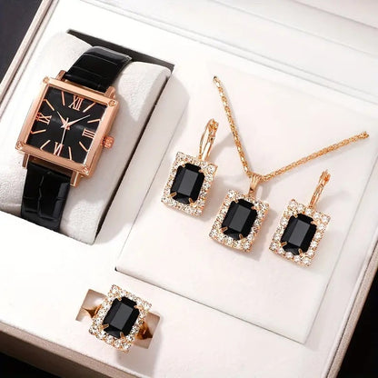 Women’s Square Dial Quartz Watch Set | Gem Jewelry | Elegant | Gift