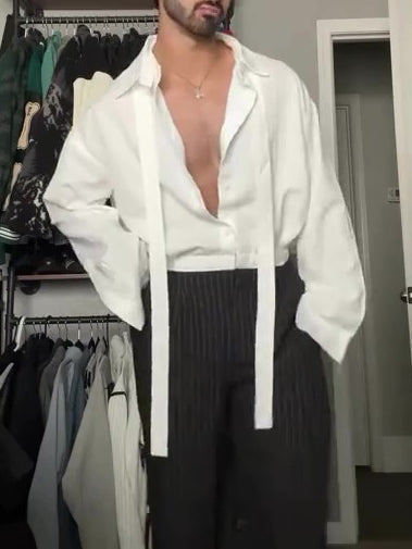 Men’s Oversized Tie Front Shirt Top | White | Relaxed Fit | Casual