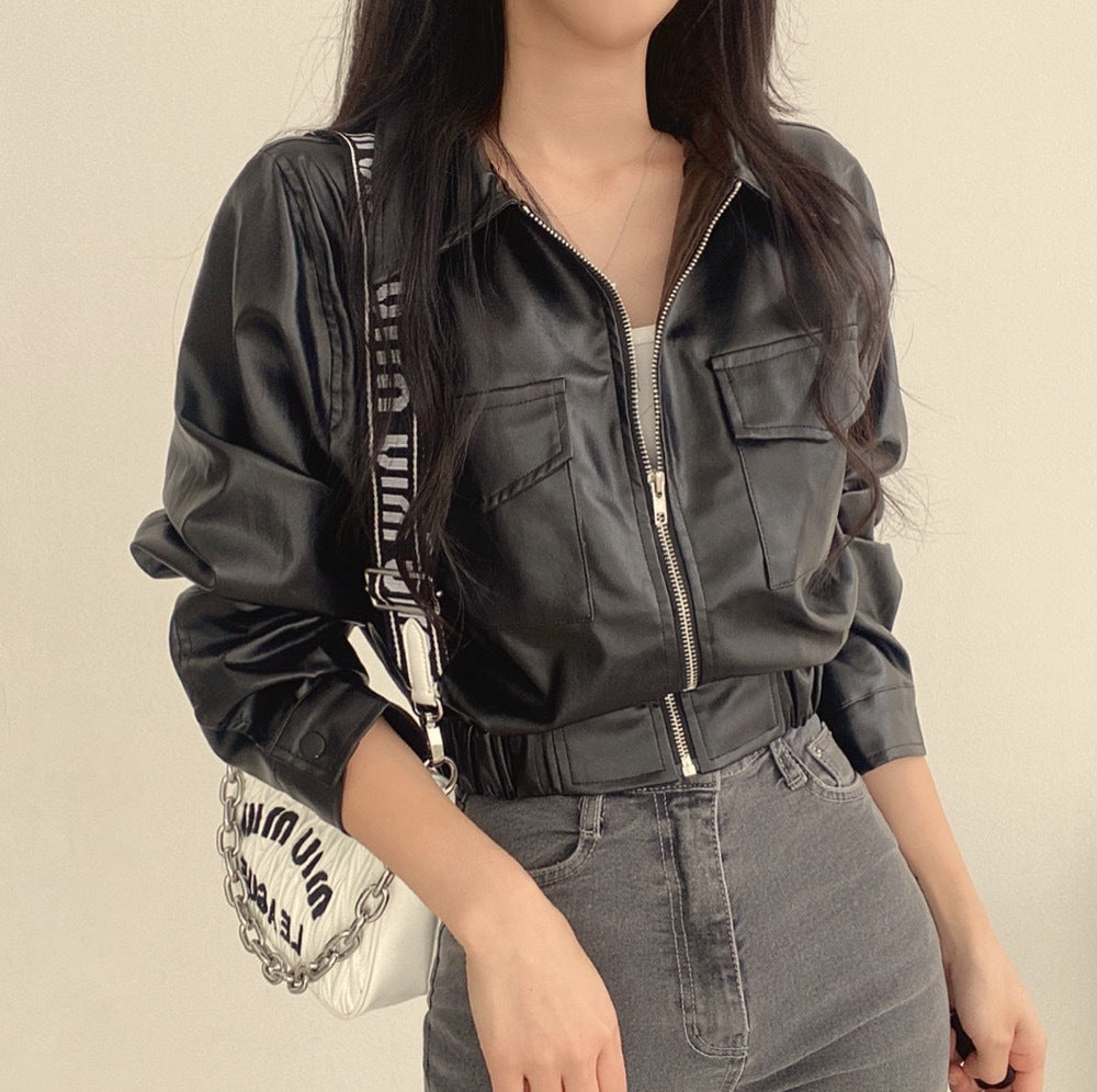 Women’s Lapel Leather Coat Outerwear | Double Pocket | Casual | Chic