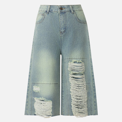 Women’s Distressed Cropped Denim Pants Bottoms | Loose Fit | Chic Bermudas | Casual