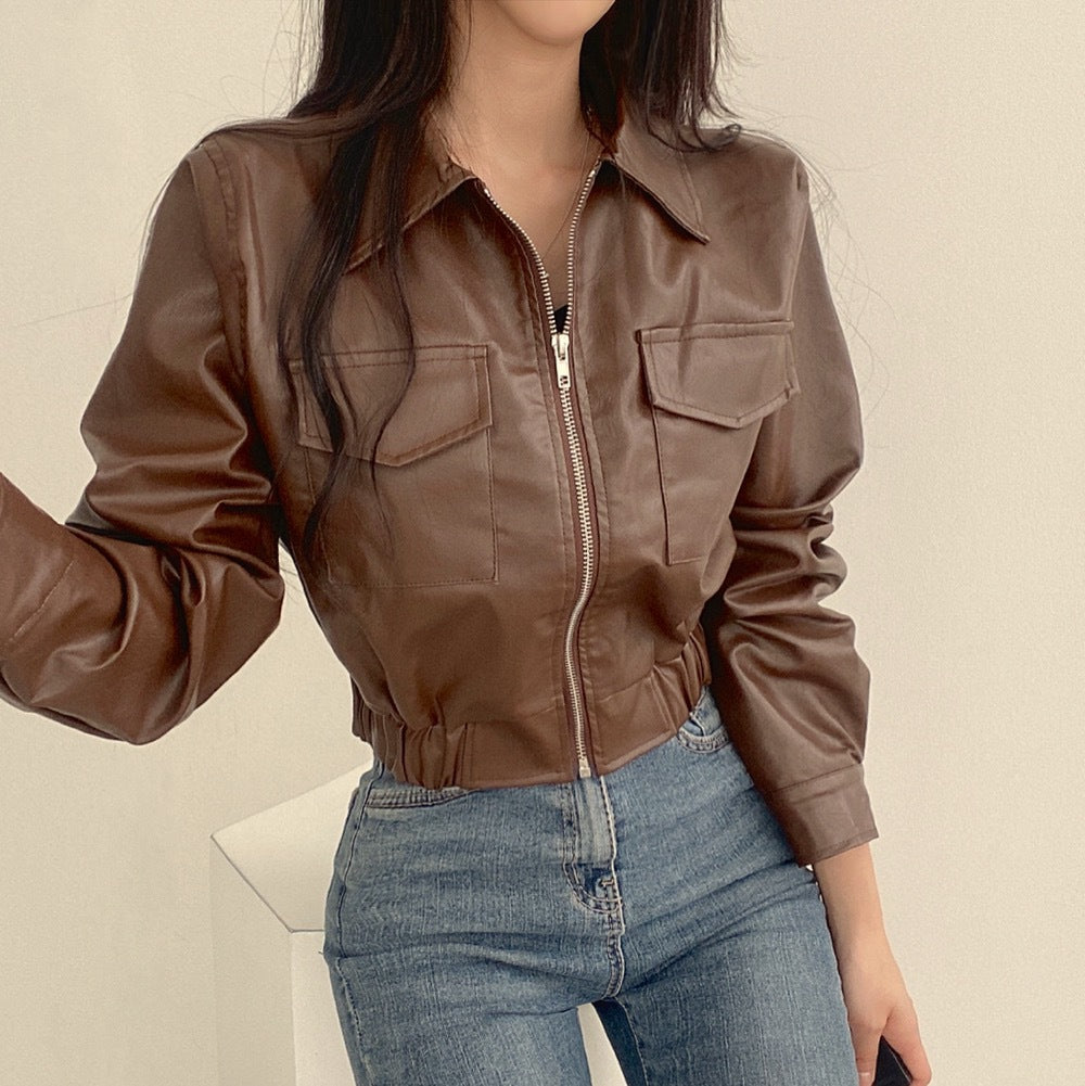 Women’s Lapel Leather Coat Outerwear | Double Pocket | Casual | Chic