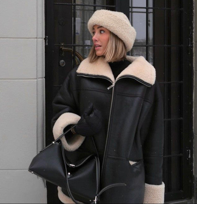 Women’s Leather Coat Outerwear | Fur Collar | Cashmere | Elegant