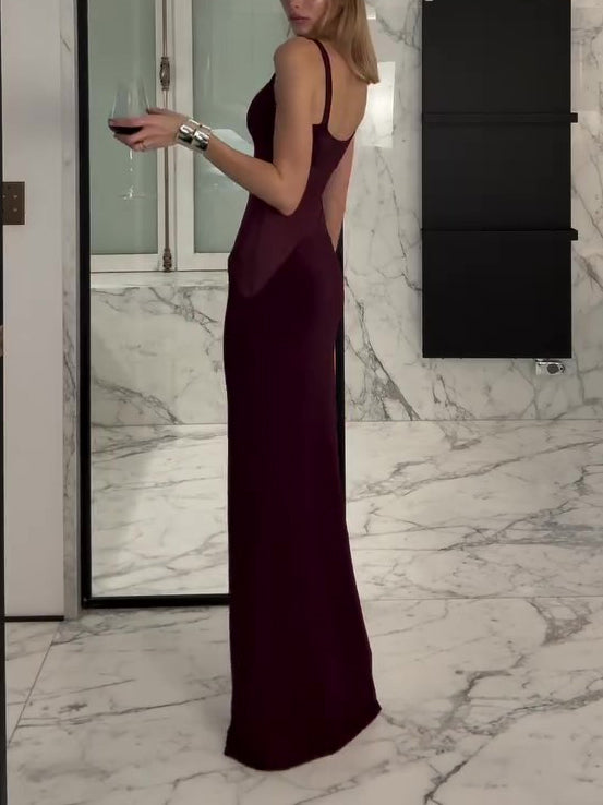 Women’s Mesh Patchwork Suspender Maxi Dress | Burgundy | Elegant | Party