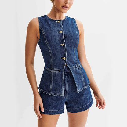 Women’s Denim Top And Shorts Bottoms Jeans-Denim Set | Sleeveless | Casual | Summer
