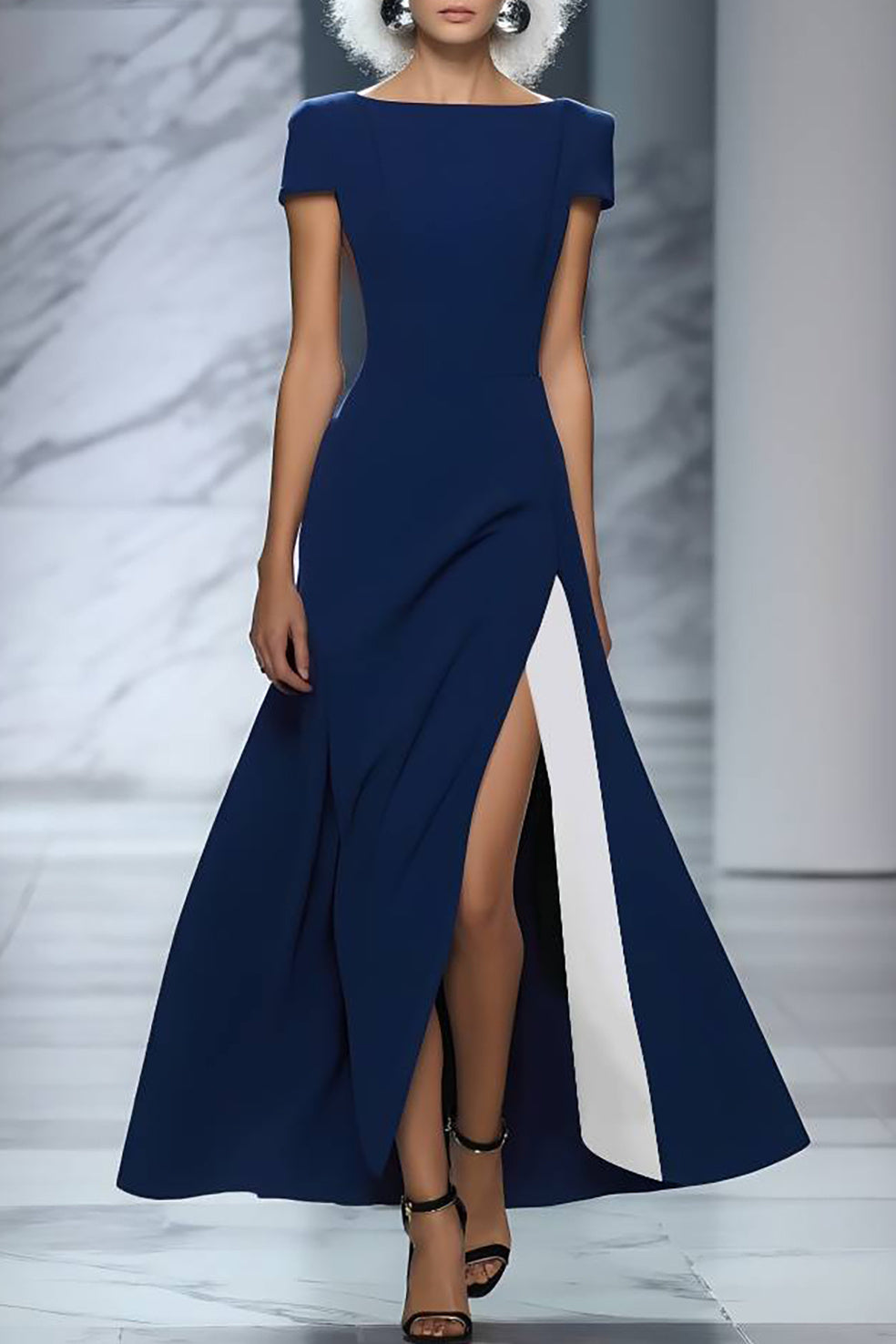 Women’s Boat Neck Side Slit Maxi Gown | Deep Blue | Elegant | Formal