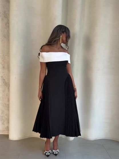Women’s Off Shoulder Pleated Maxi Dress | Contrast | Elegant | Chic