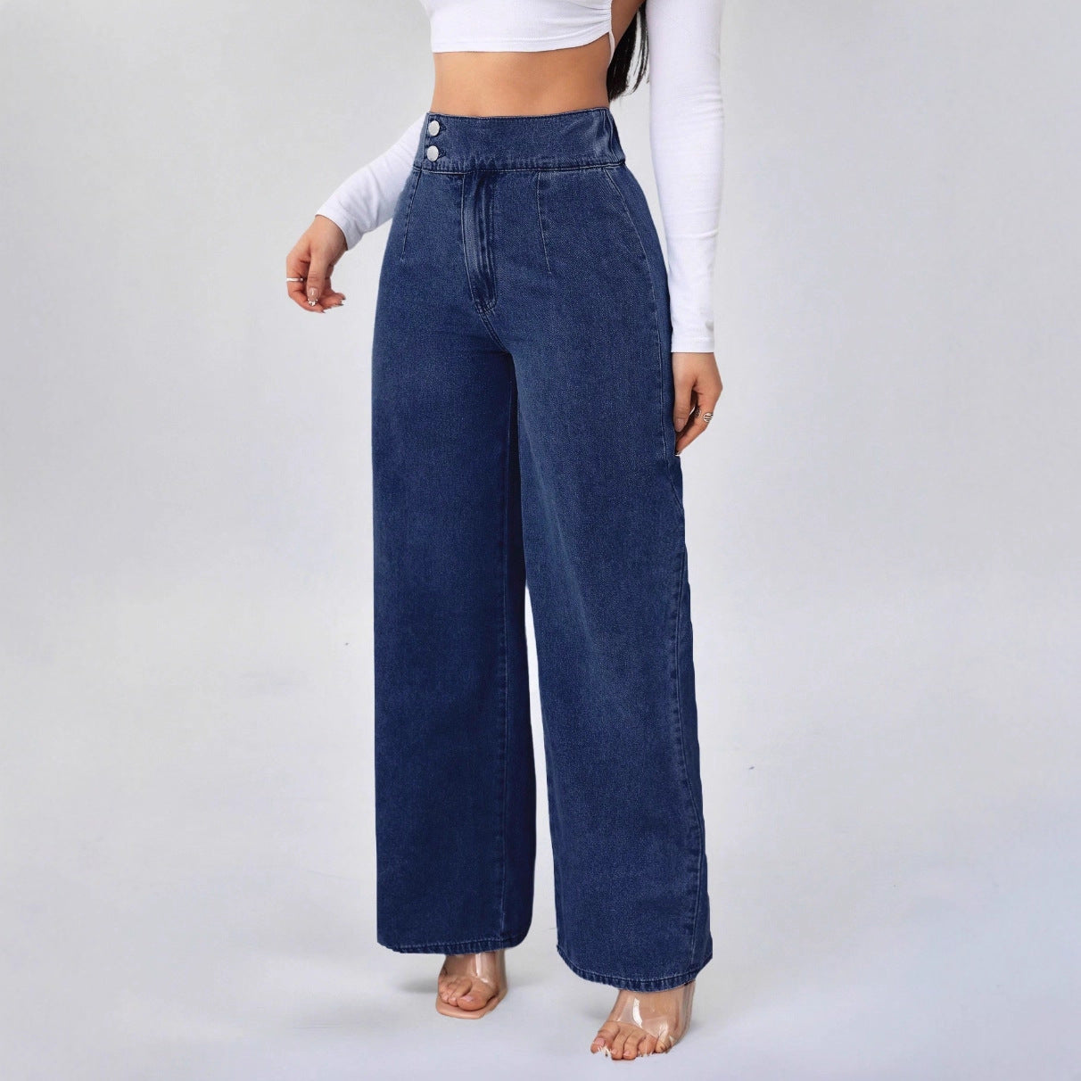 Women’s High Waist Wide Leg Jeans Bottoms | Retro | Deep Blue | Casual
