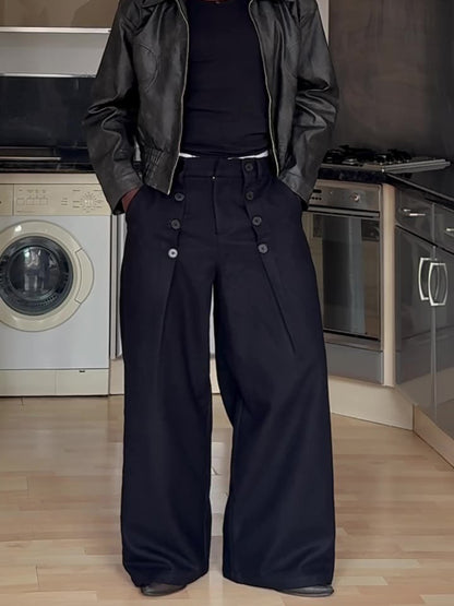 Men’s High Waist Double Button Wide Leg Pants Bottoms | Black | Elegant | Chic