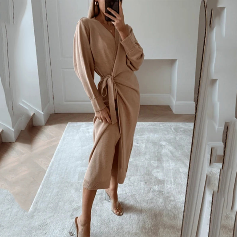 Women’s V Neck Sweater Maxi Dress | Casual | Knit | Winter