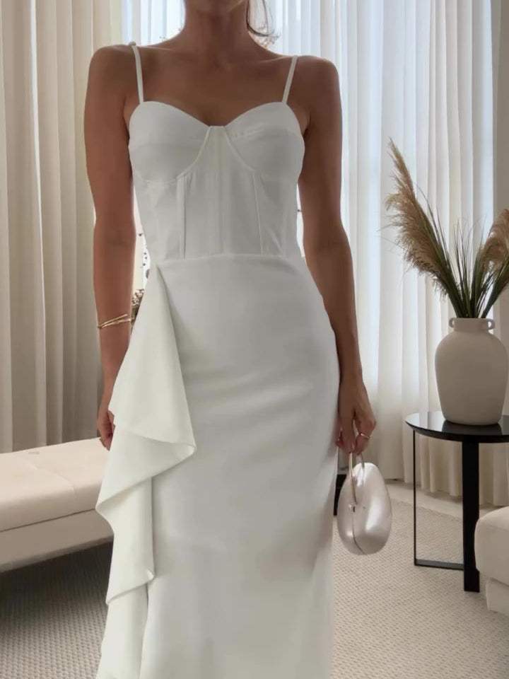 Women’s Ruffled Slit Suspender Maxi Dress | White | Elegant | Summer