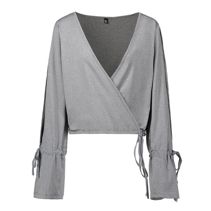 Women’s V Neck Long Sleeve Crop Top | Flared Sleeve | Loose Fit | Chic