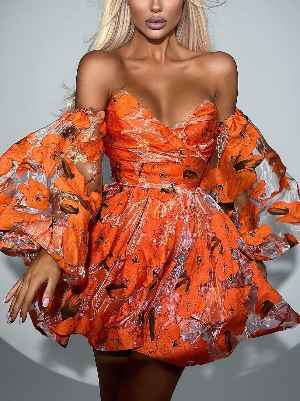 Women’s Floral Off Shoulder Mini Dress | Lantern Sleeve | Elegant | Chic