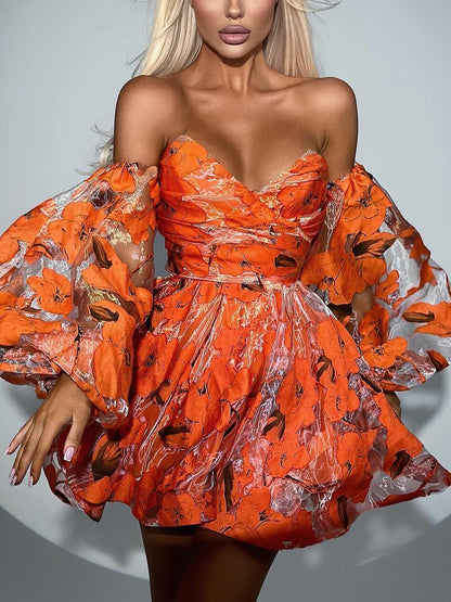 Women’s Floral Off Shoulder Mini Dress | Lantern Sleeve | Elegant | Chic