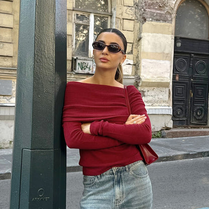 Women’s Knitted Long Sleeve Top | Burgundy | Casual | Chic