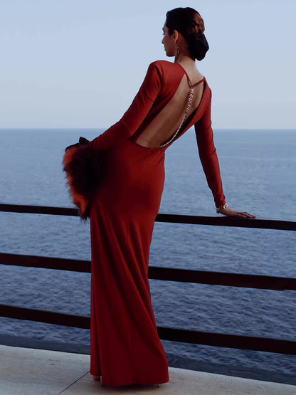 Women’s Backless Chain Long Sleeve Maxi Dress | Burgundy Red | Elegant | Party