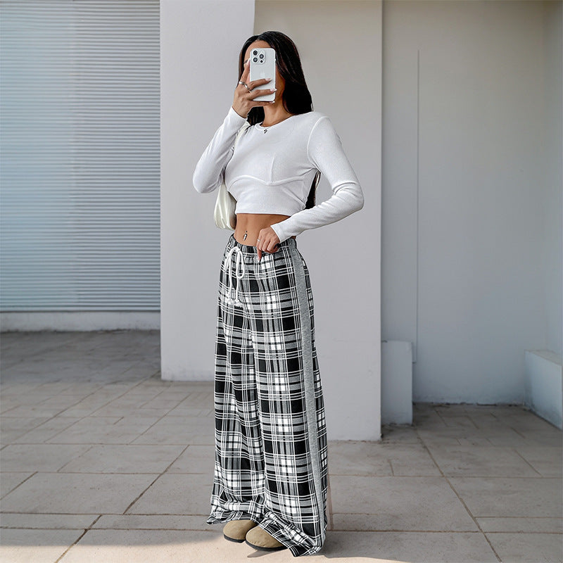 Women’s Plaid Stitching Wide Leg Pants | Casual | Streetwear | Chic Bottoms