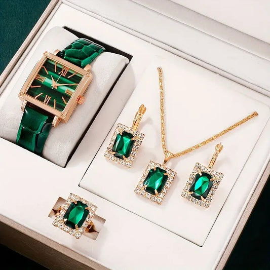 Women’s Square Dial Quartz Watch Set | Gem Jewelry | Elegant | Gift