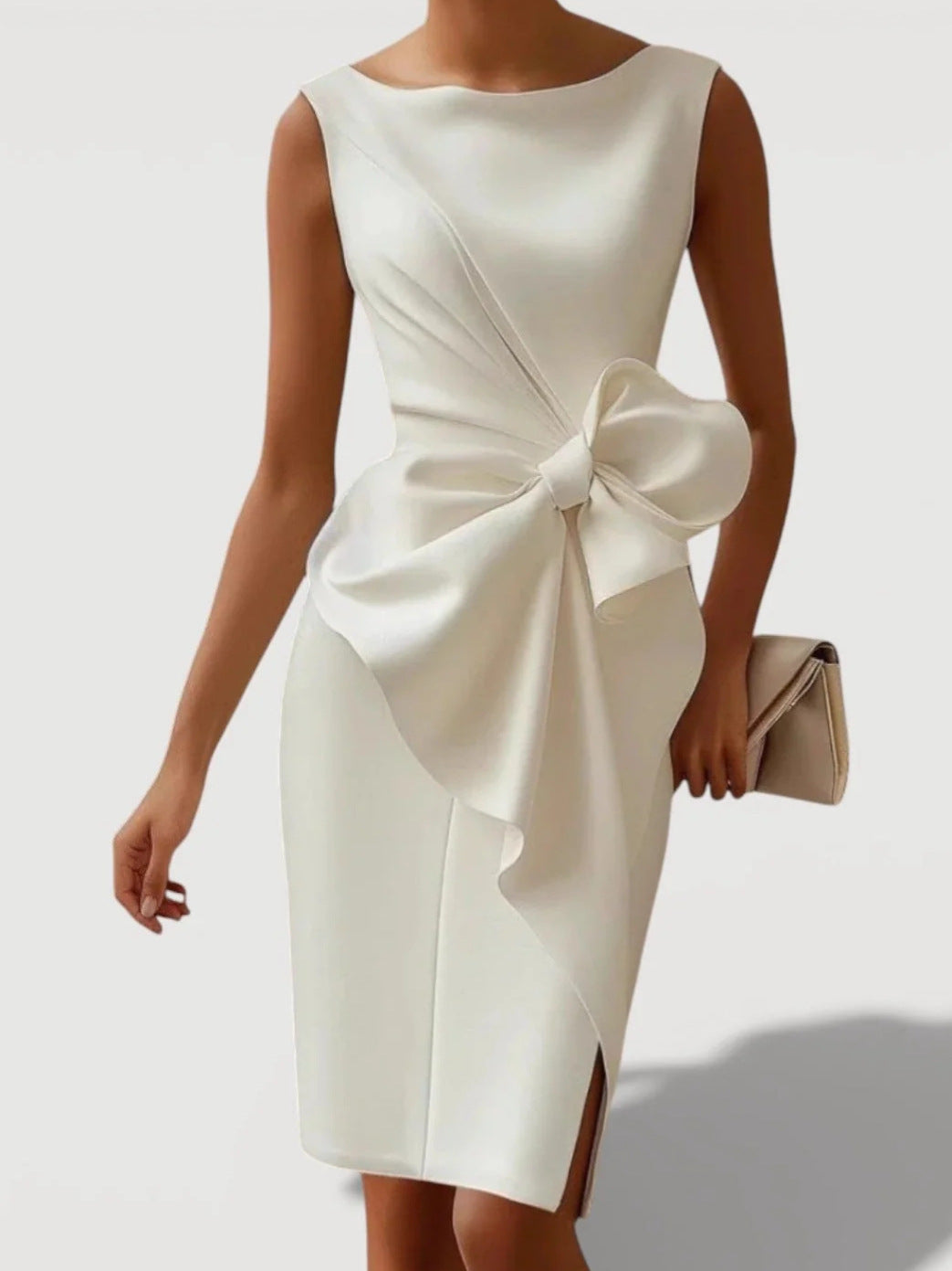 Women’s Midi Fitted Dress | Cinched Waist | Bow Detail | Elegant