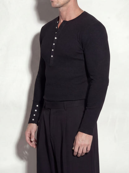 Men’s Ribbed Henley Neck Knit Top | Slim Fit | Long Sleeve | Black
