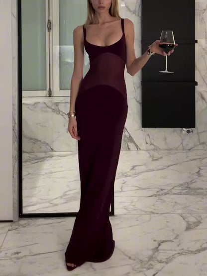 Women’s Mesh Patchwork Suspender Maxi Dress | Burgundy | Elegant | Party