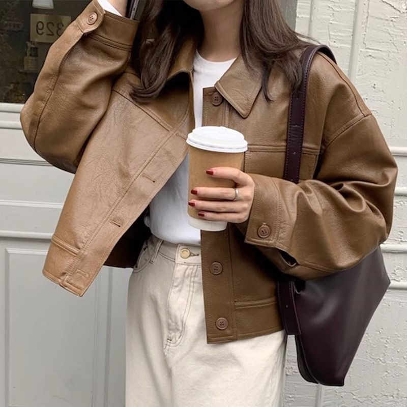 Women’s PU Leather Coat Outerwear | Brown | Casual | Chic