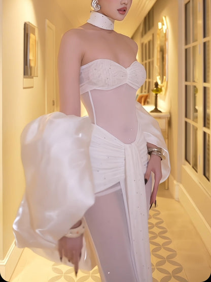 Women’s Strapless Maxi Dress 2-Piece Set | White | Elegant | Party
