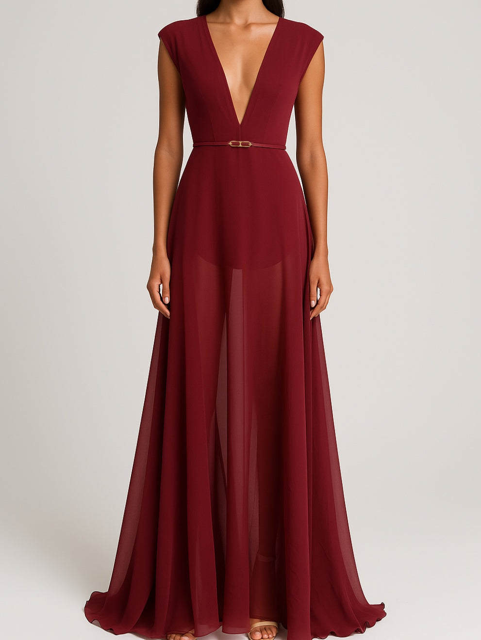 Women’s Deep V Neck Sleeveless Maxi Dress | Burgundy | Elegant | Party