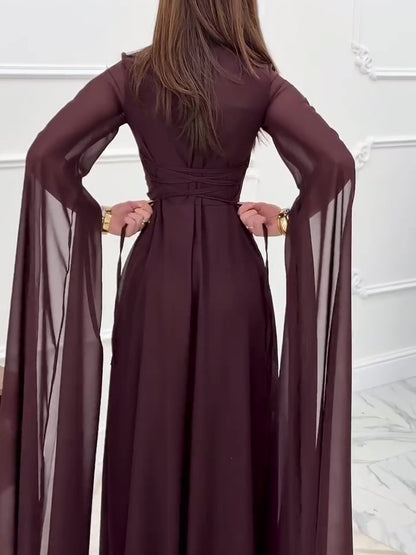 Women’s Long Sleeve Hollow Dress | Brown | Elegant | Chic