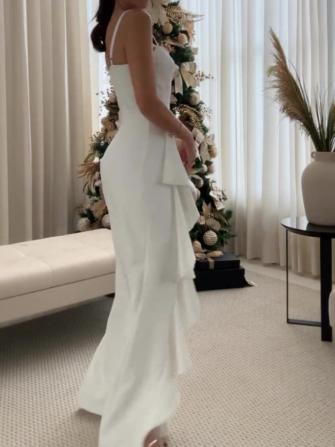 Women’s Ruffled Slit Suspender Maxi Dress | White | Elegant | Summer