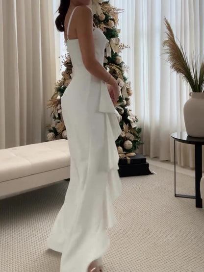 Women’s Ruffled Slit Suspender Maxi Dress | White | Elegant | Summer