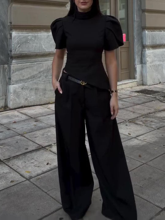 Women’s Turtleneck Puff Sleeve Top And Wide Leg Pants Bottoms Set | Black | Elegant | Chic