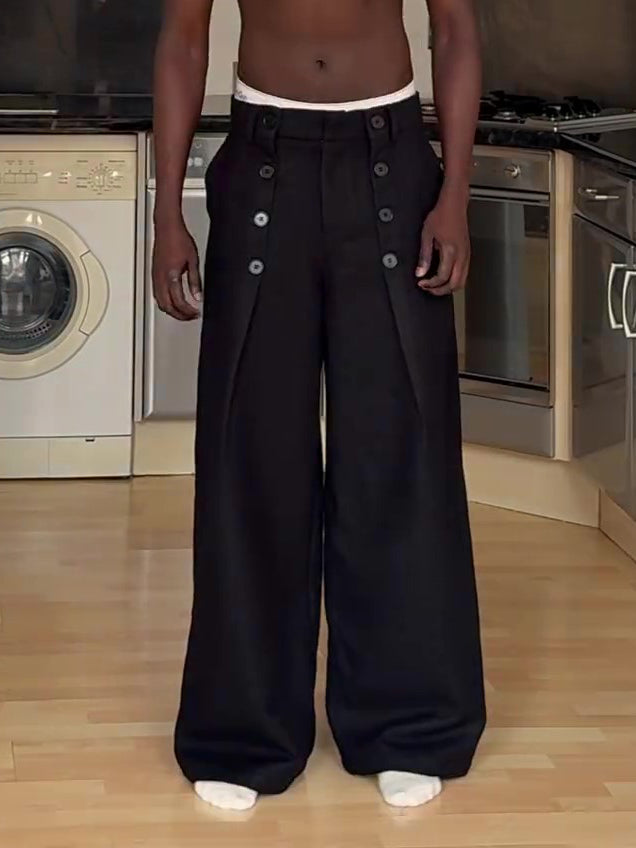 Men’s High Waist Double Button Wide Leg Pants Bottoms | Black | Elegant | Chic