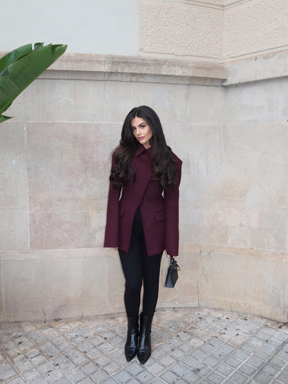 Women’s Cross Placket Blazer Outerwear | Burgundy | Elegant | Chic