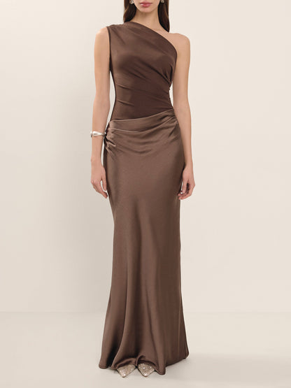 Women’s One Shoulder Satin Maxi Dress | Brown | Elegant | Party