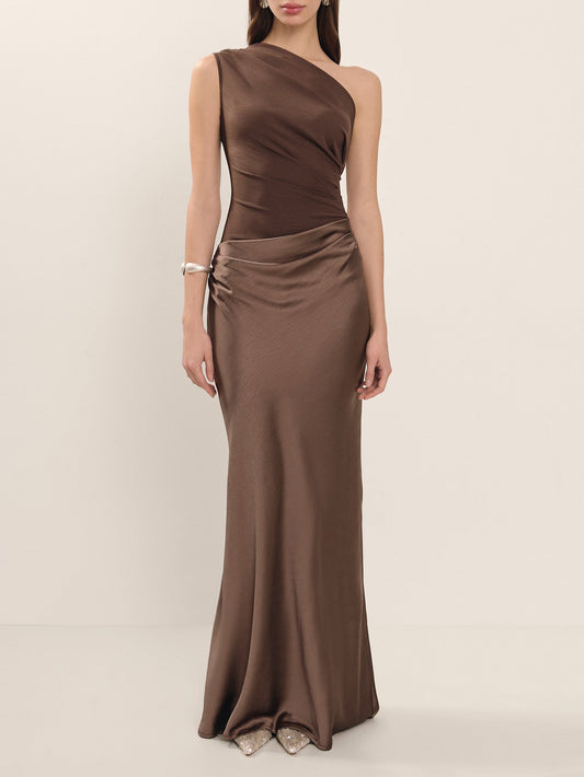 Women’s One Shoulder Satin Maxi Dress | Brown | Elegant | Party