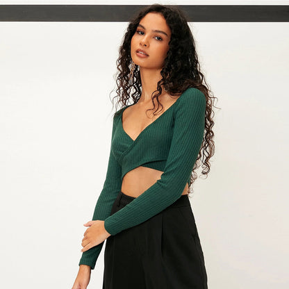 Women’s V Neck Knit Crop Top | Slim Fit | Casual | Chic